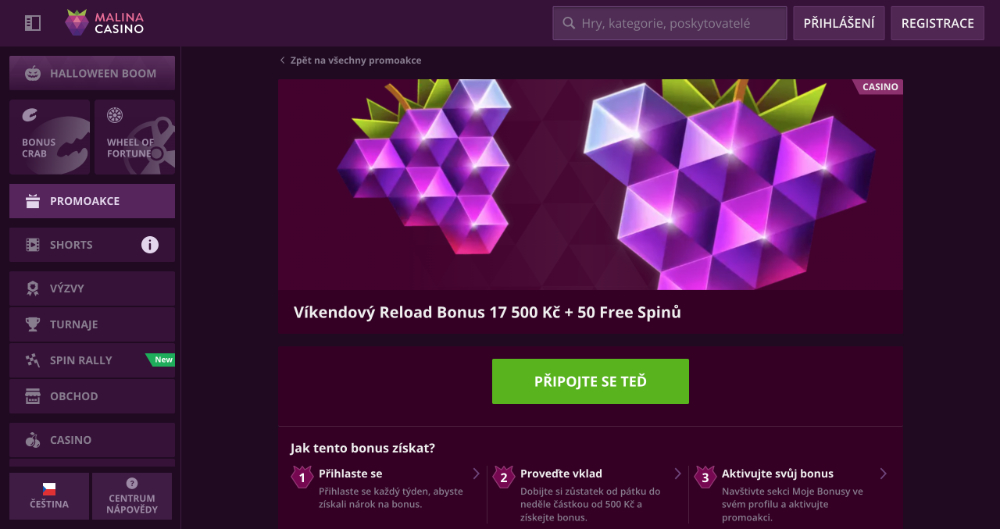 Promoakce v casinu Malina Casino Víkendový reload bonus 17 500 Kč + 50 free spinů