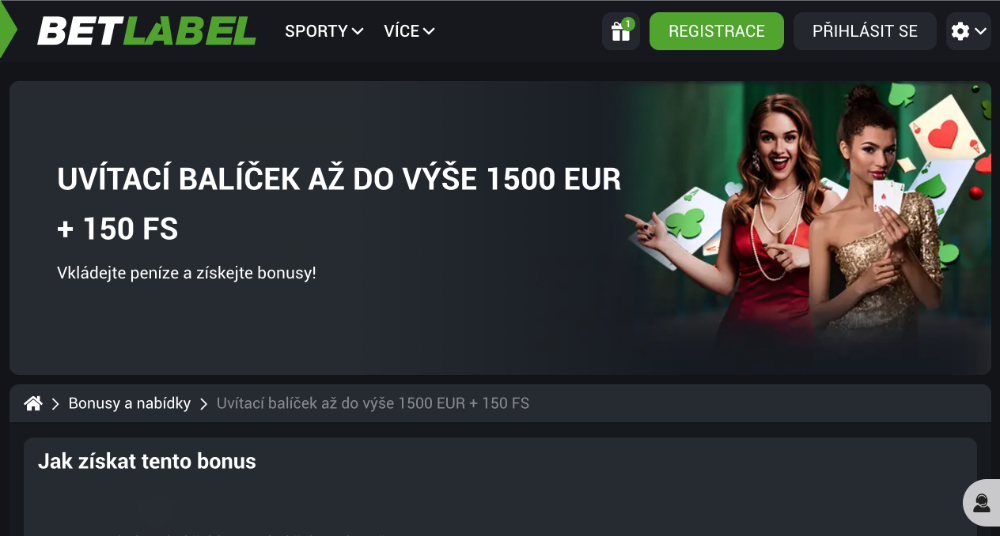 Promoakce v casinu BetLabel Uvítací balíček 1 500 € + 150 free spins