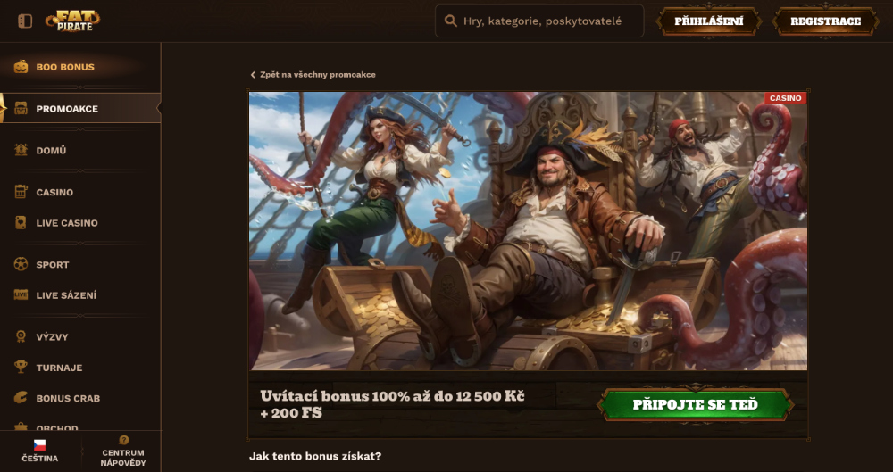 Promoakce v casinu FatPirate Vstupní bonus 12 500 Kč + 200 free spinů