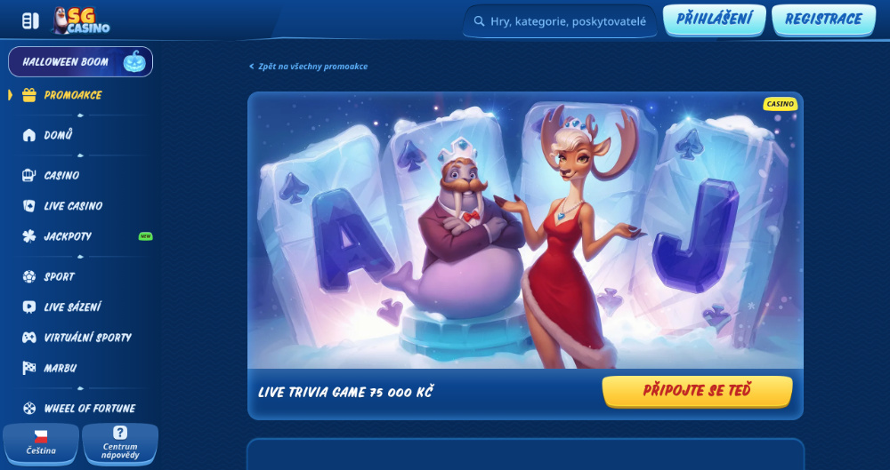 Promoakce v casinu SGcasino Live Trivia Game 2x týdně o 75 000 Kč
