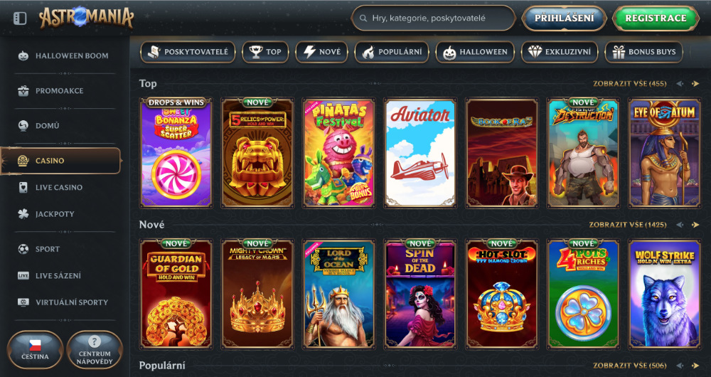 Slots selection at AstroMania casino