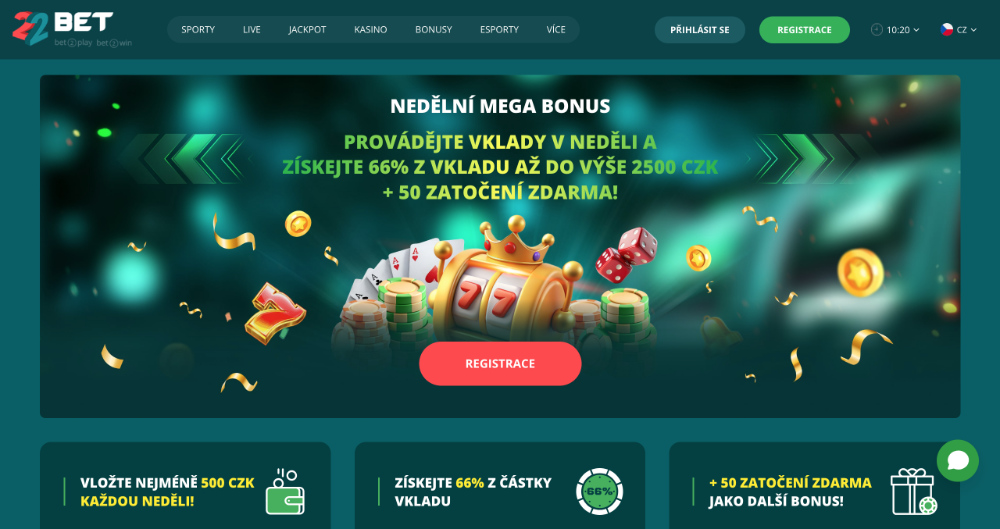 Promoakce v casinu 22BET: Nedělní Mega Bonus 2 500 Kč + 50 free spins