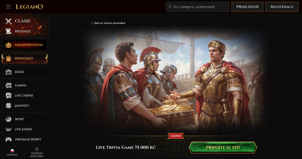 Promoakce v casinu Legiano Live Trivia Game 2x týdně o 75 000 Kč