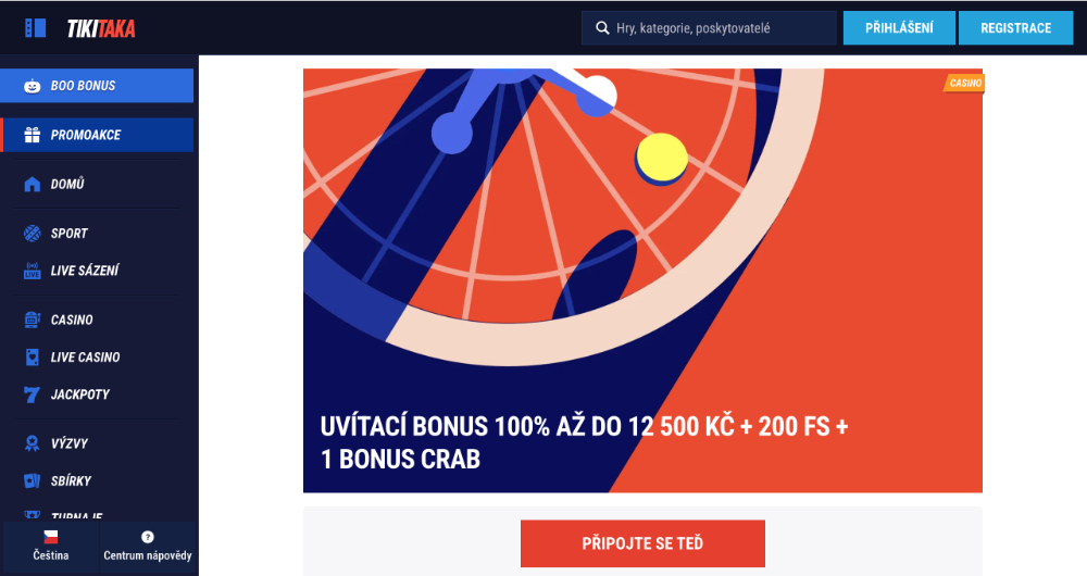 Promoakce v casinu TikiTaka Vstupní bonus 12 500 Kč + 200 free spinů