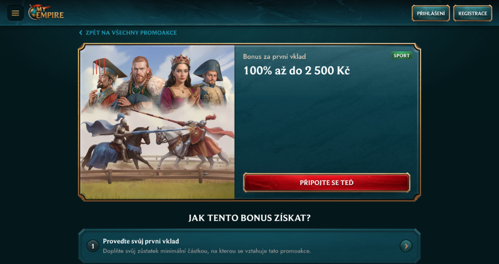 Promoakce v sázkové kanceláři My Empire Bonus k prvnímu vkladu 2 500 Kč