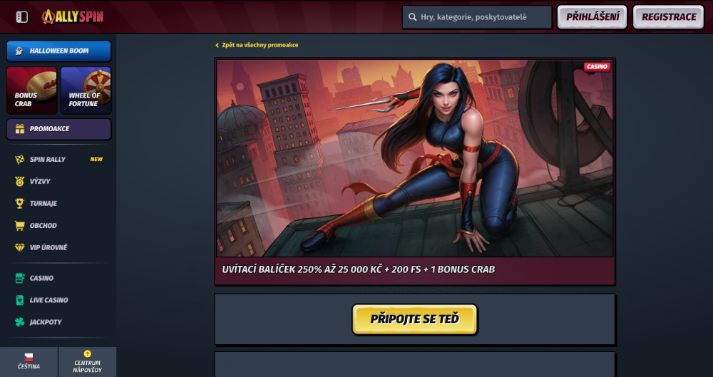 Promoakce v casinu AllySpin Uvítací balíček 25 000 Kč + 200 free spinů-úvodní