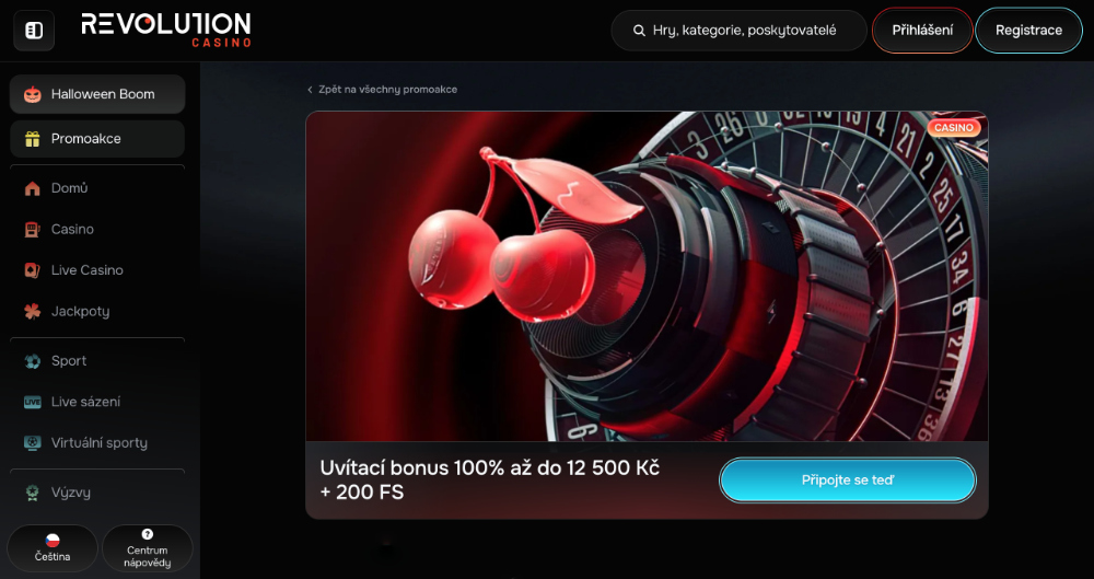 Promoakce v casinu Revolution Casino Vstupní bonus 12 500 Kč + 200 free spinů