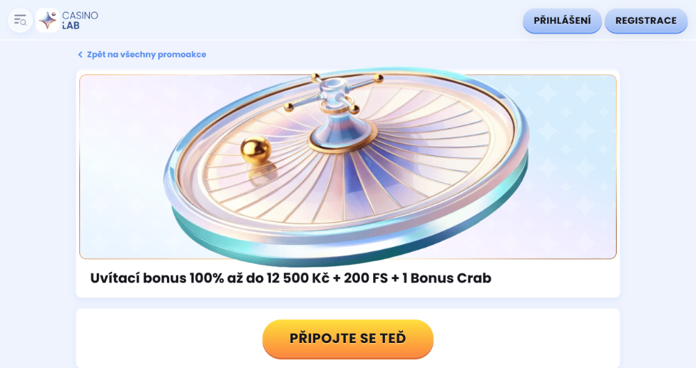 Promoakce v casinu CasinoLab Vstupní bonus 12 500 Kč + 200 free spinů