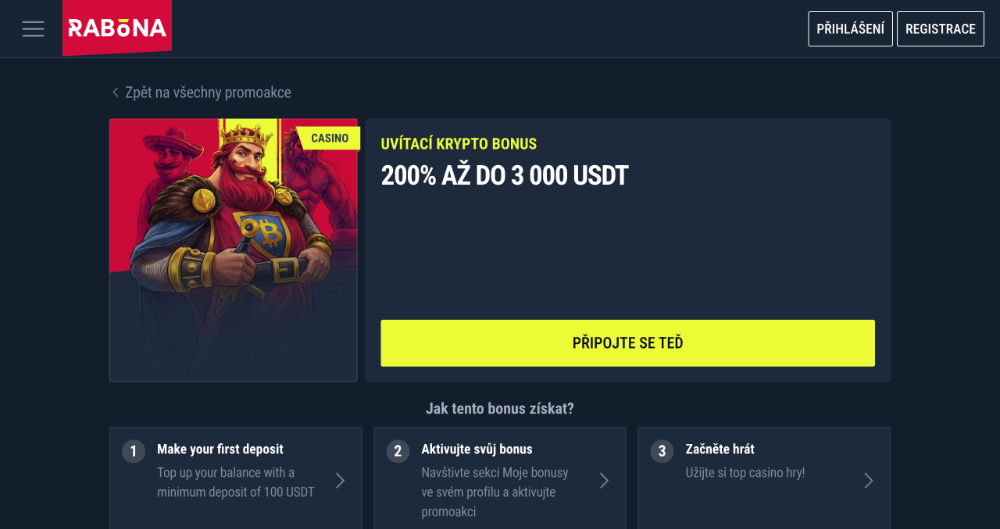 Promoakce v casinu Rabona: Uvítací krypto bonus 200 % až do 3 000 USDT