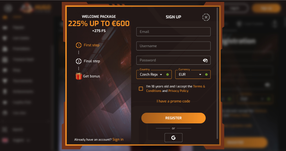 Registrace do Hugo Casino