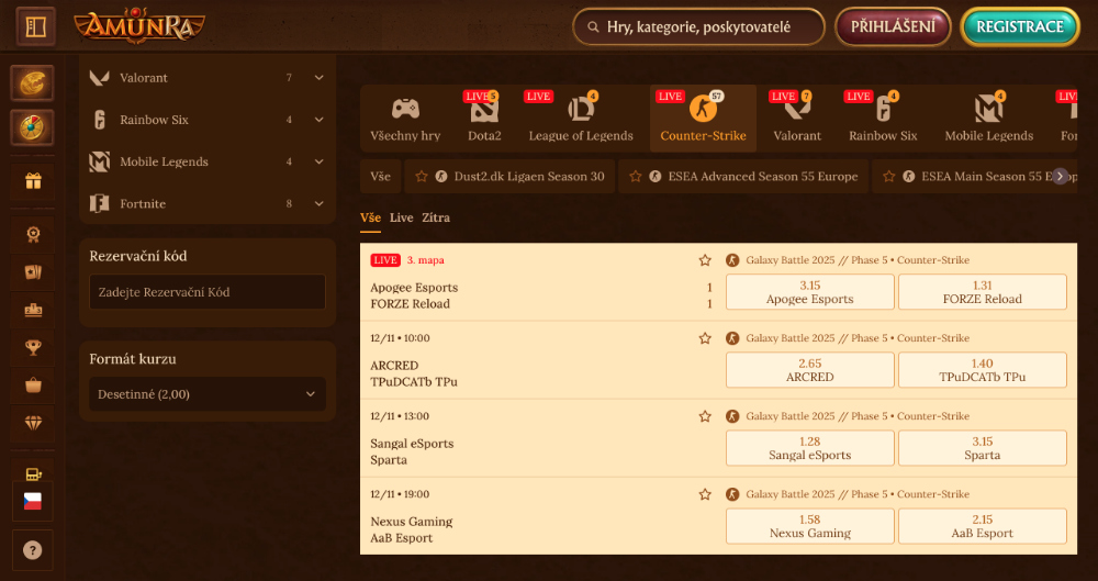 Esport v sázkové kanceláři AmunRa