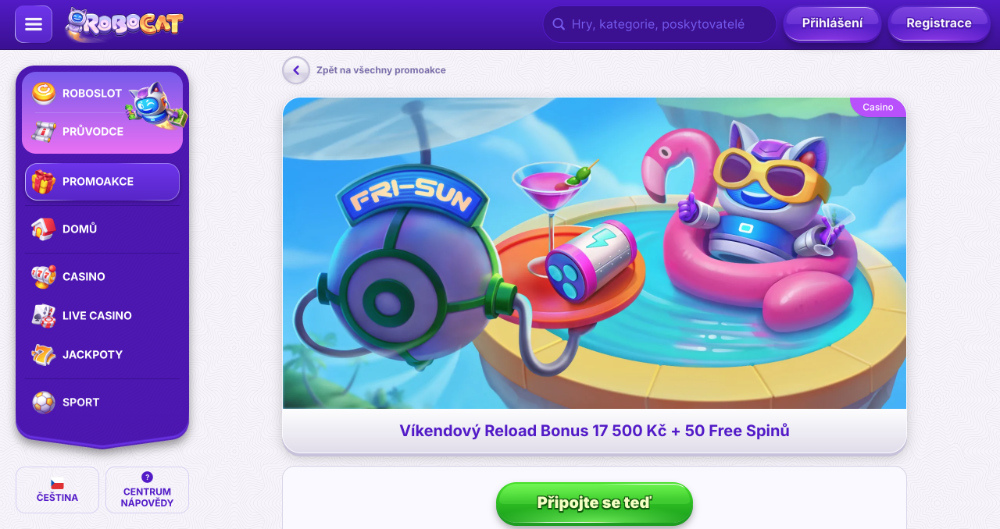 Promoakce v casinu Robocat: Víkendový reload bonus 17 500 Kč + 50 free spinů