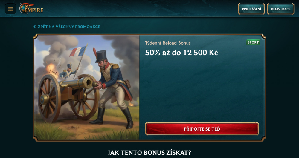 Promoakce v sázkové kanceláři My Empire 50% Reload bonus až 12 500 Kč úvodní