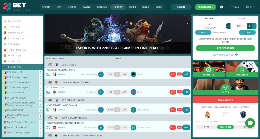 22BET esport Jak a na co všechno lze uzavřít sázku? úvodní