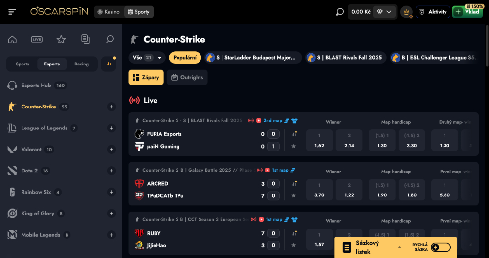 Oscarspin esport Jak a na co všechno lze vsadit? úvodní