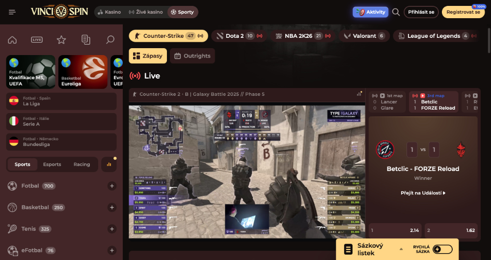 Esport v sázkové kanceláří Vinci Spin
