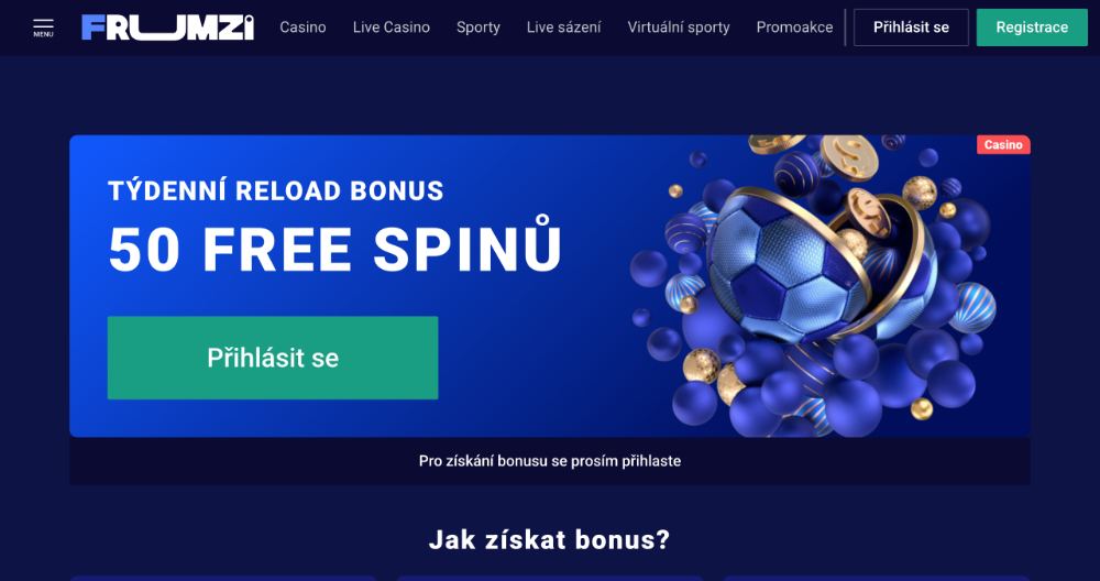 Promoakce v casinu Frumzi Týdenní reload bonus 50 free spinů úvodní