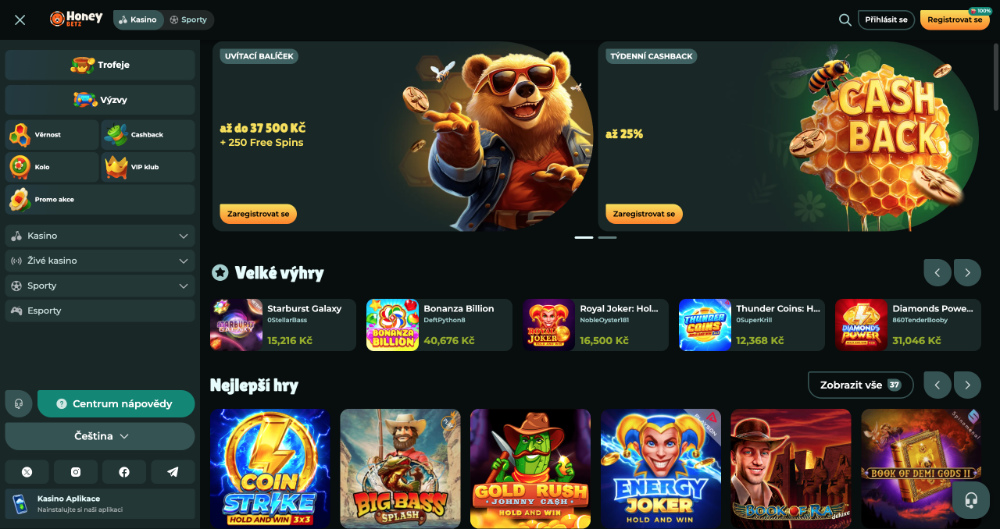 Úvodní obrazovka Honeybetz casina