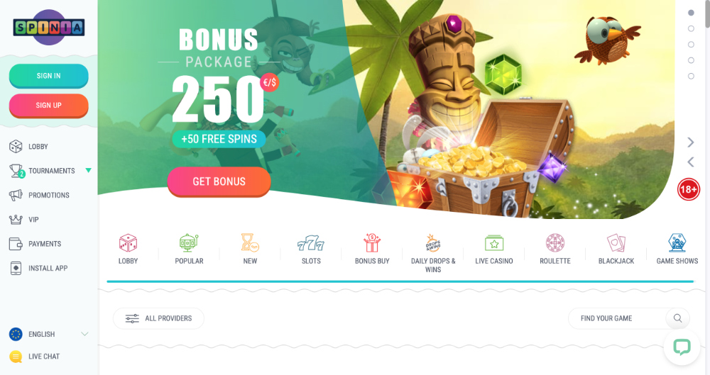 Spinia casino homepage
