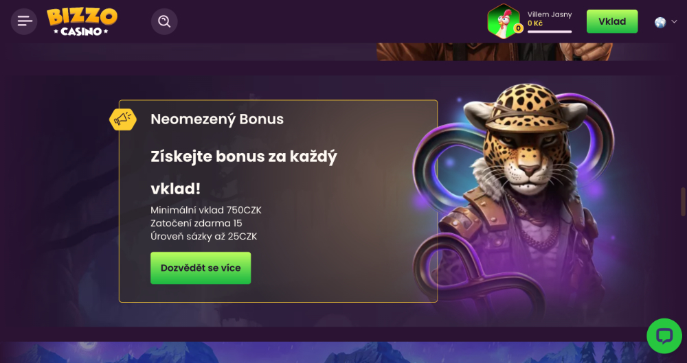 Promoakce v Bizzo Casino Neomezený bonus ke každému vkladu úvodní