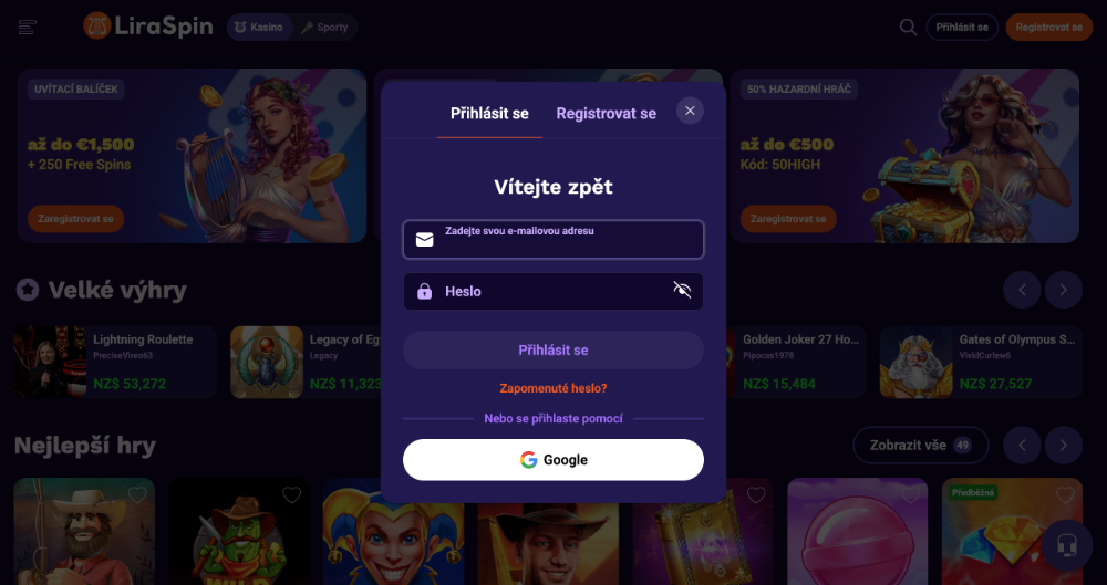 Přihlášení na platformu LiraSpin