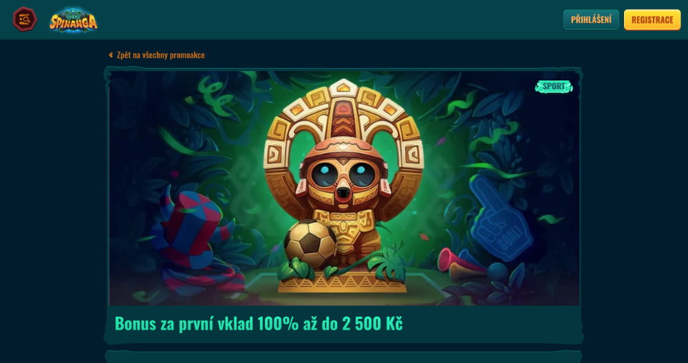 Promoakce v sázkové kanceláři Spinanga Bonus k prvnímu vkladu 2 500 Kč úvodní