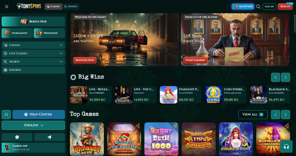Tonyspins casino úvodní
