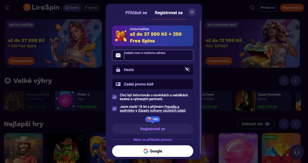Registrace v casinu LiraSpin