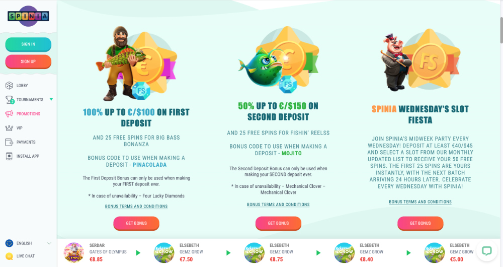 Spinia přehled top bonusů