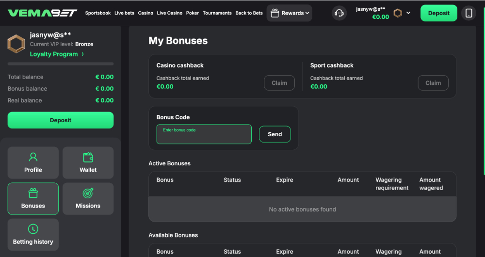 Vemabet promo code úvodní