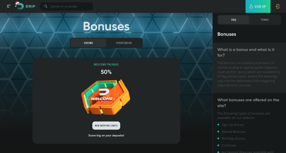 Drip Casino bonusy [Přehled TOP bonusů] úvodní