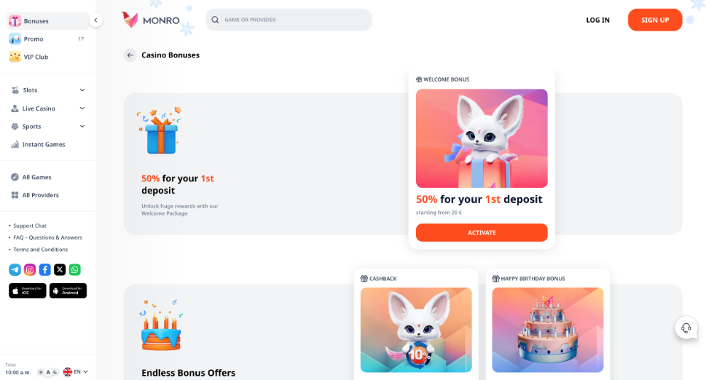 Monro Casino přehled top bonusů