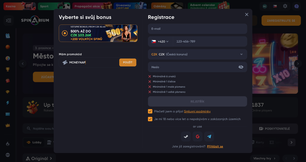 Speciální NO DEPOSIT BONUS v casinu Spinarium 100 free spinů zdarma při registraci úvodní