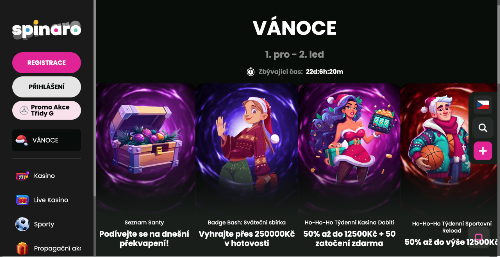 Užijte si Vánoce v casinu Spinaro bonusy, turnaje, adventní kalendář, tematické hry apod. úvodní