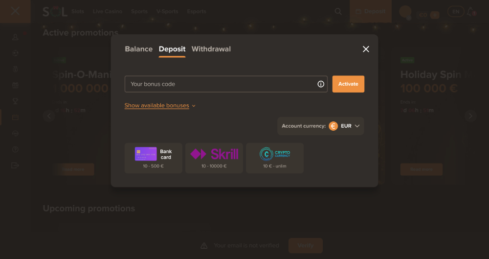 Promo kód v Sol casino