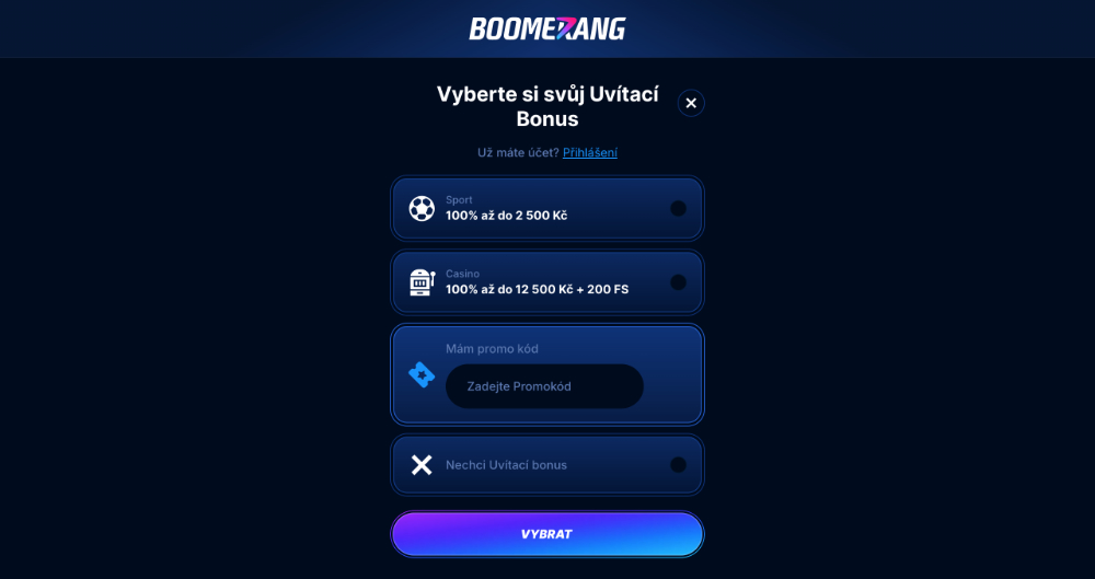 Boomerang Bet promo code úvodní
