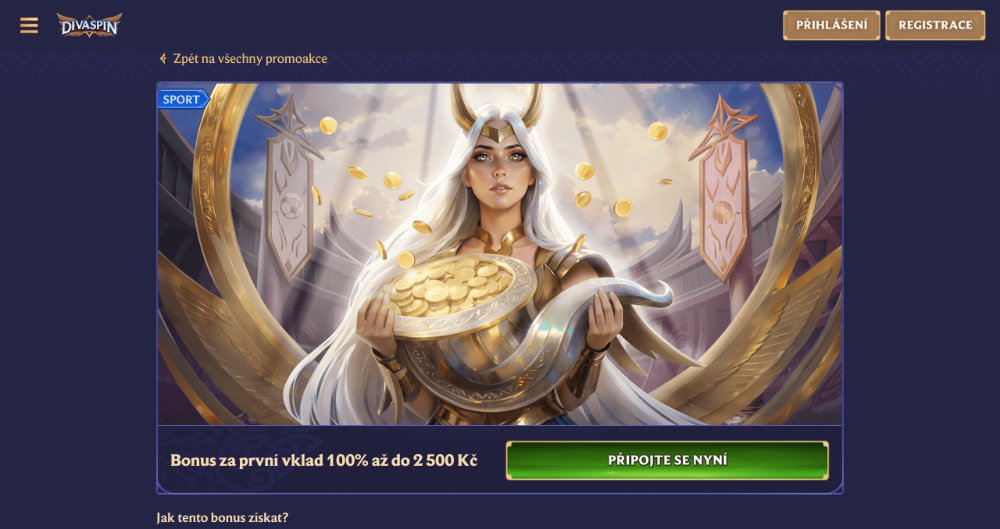 Promoakce v sázkové kanceláři DivaSpin Bonus k prvnímu vkladu 2 500 Kč úvodní