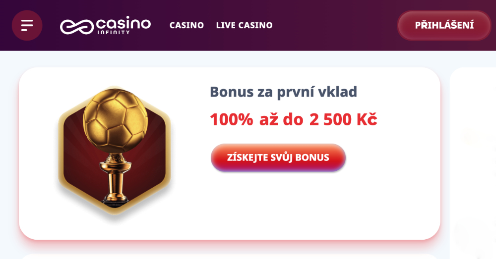 Promoakce v sázkové kanceláři Casino Infinity Bonus k prvnímu vkladu 2 500 Kč úvodní