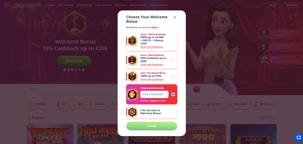 Casino Infinity promo code úvod en
