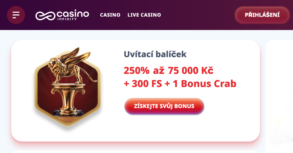 Promoakce v Casino Infinity: Bonusový uvítací balíček 75 000 Kč + 300 free spins