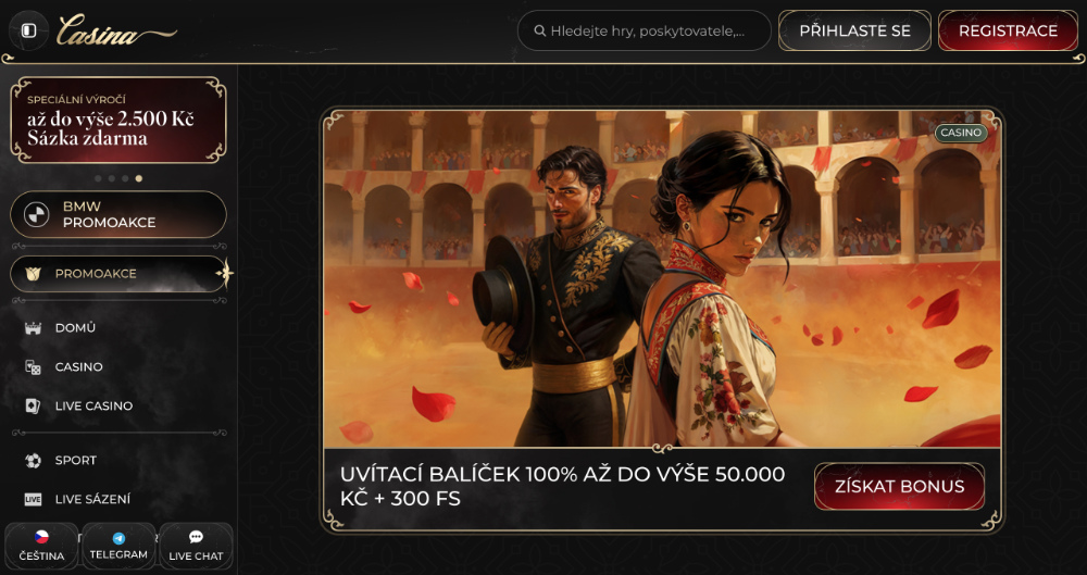 Promoakce v casinu Casina Bonusový uvítací balíček 50 000 Kč + 300 free spins úvodní