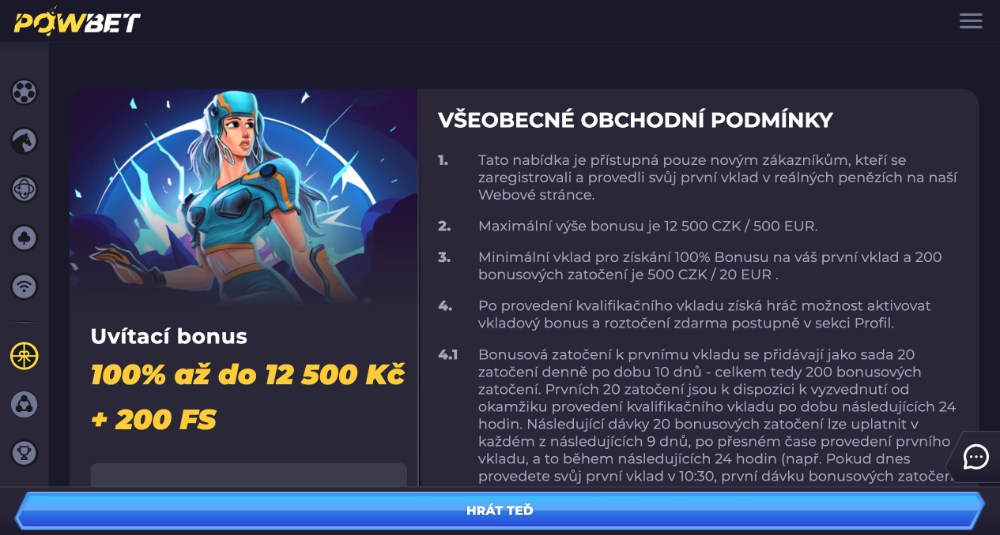 Promoakce v casinu Powbet Vstupní bonus 12 500 Kč + 200 free spins úvodní
