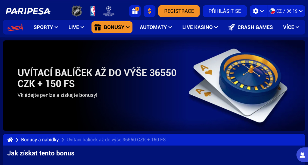 Promoakce v casinu PariPesa: Bonusový uvítací balíček 36 550 Kč + 150 free spins