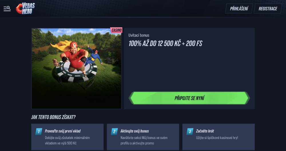 Promoakce v casinu VegasHero Vstupní bonus 12 500 Kč + 200 free spins úvodní