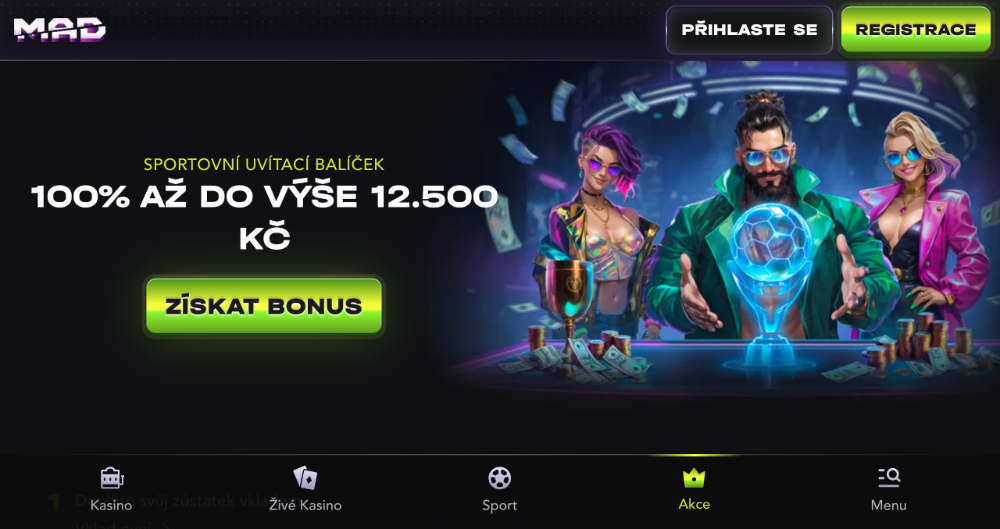 Promoakce v sázkové kanceláři MadCasino Bonusový uvítací balíček 12 500 Kč úvodní