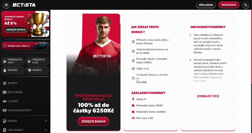 Promoakce v sázkové kanceláři Betista Bonus k prvnímu vkladu 6 250 Kč úvodní