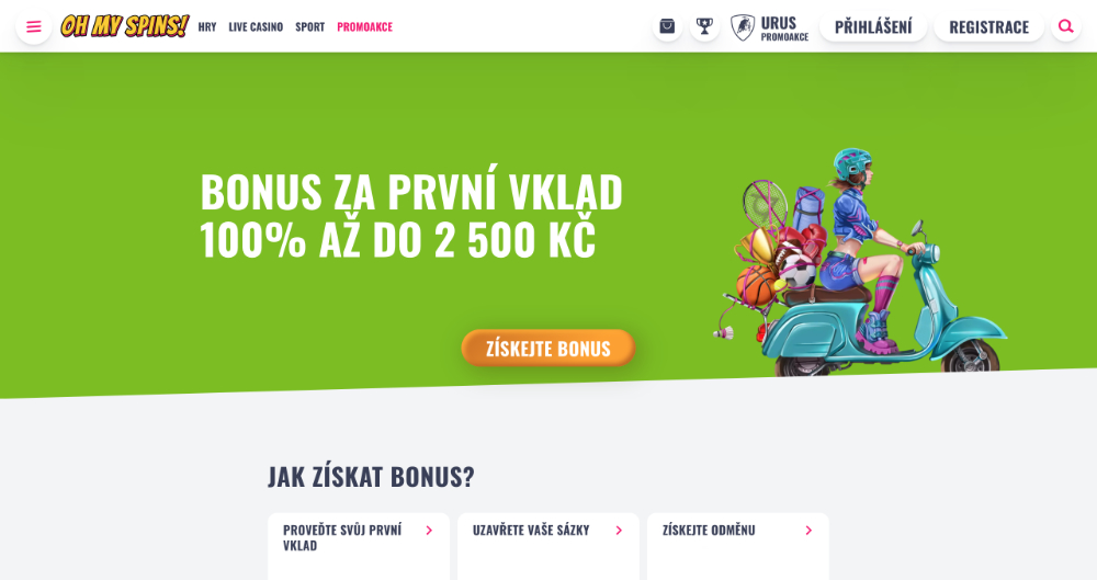 Promoakce v sázkové kanceláři Oh My Spins Bonus k prvnímu vkladu 2 500 Kč úvodní