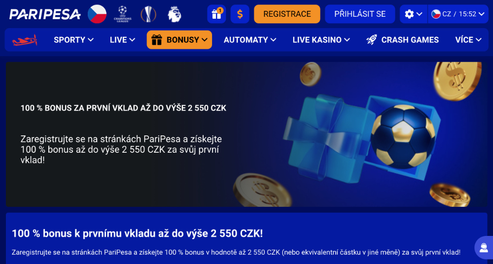 Promoakce v sázkové kanceláři PariPesa Bonus k prvnímu vkladu 2 550 Kč úvodní