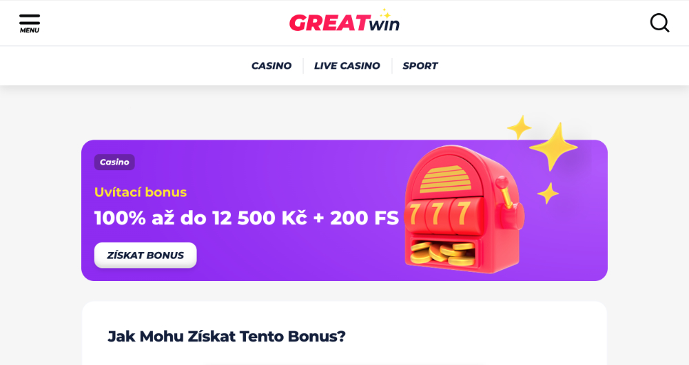 Promoakce v casinu GreatWin: Vstupní bonus 12 500 Kč + 200 free spins
