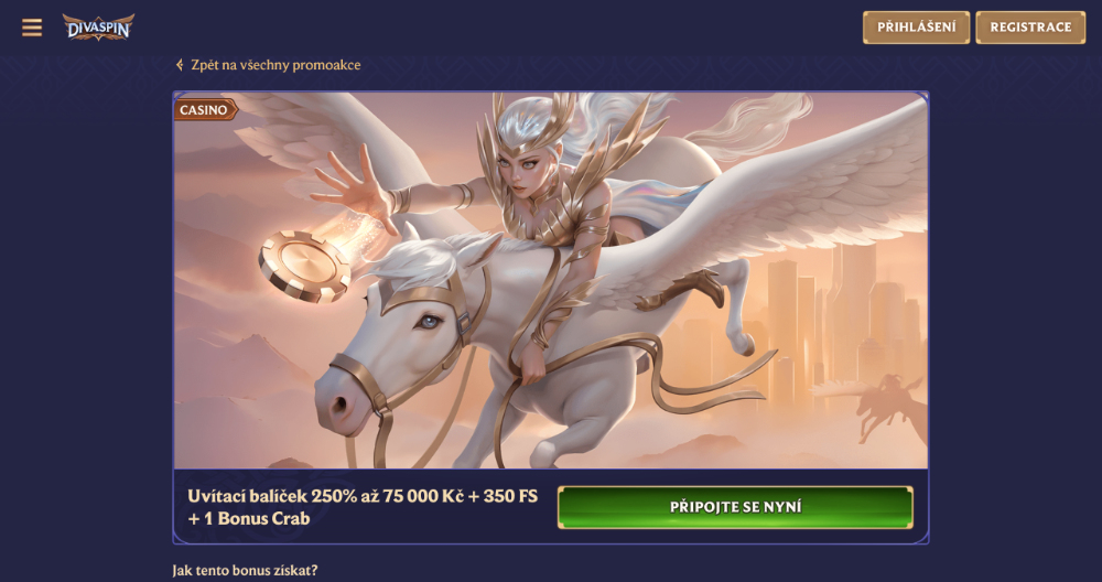 Promoakce v casinu DivaSpin Bonusový uvítací balíček 75 000 Kč + 350 free spins úvodní